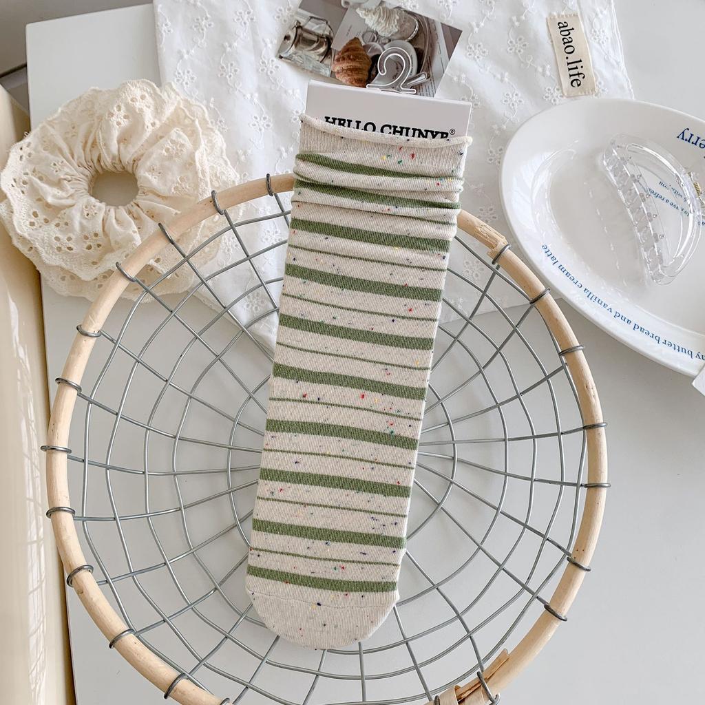 Korean Style Idea Yarn Striped Boneless Socks Mid-Leg Socks Spring And Autumn Cotton Rolled Hemmed Stacked Socks