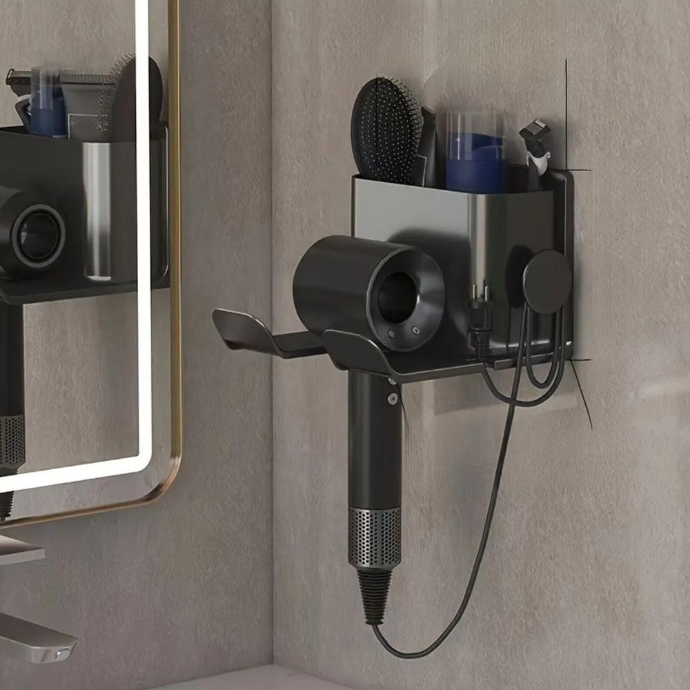 Wall Mounted Hair Dryer Holder Storage Rack Organizer Toothpaste Toothbrush Shelf No Drilling Bathroom Accessory Space Saving Design