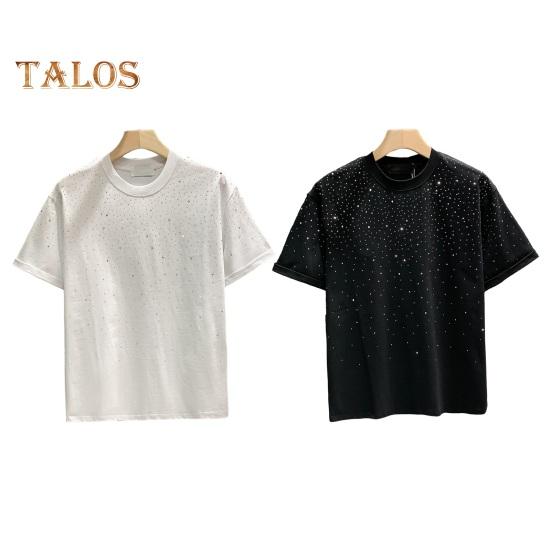 Summer Men T-shirt Rhinestone Decor Round Neck Loose Pure Color Short Sleeves Pullover Casual Mid Length Daily Wear Sport Top