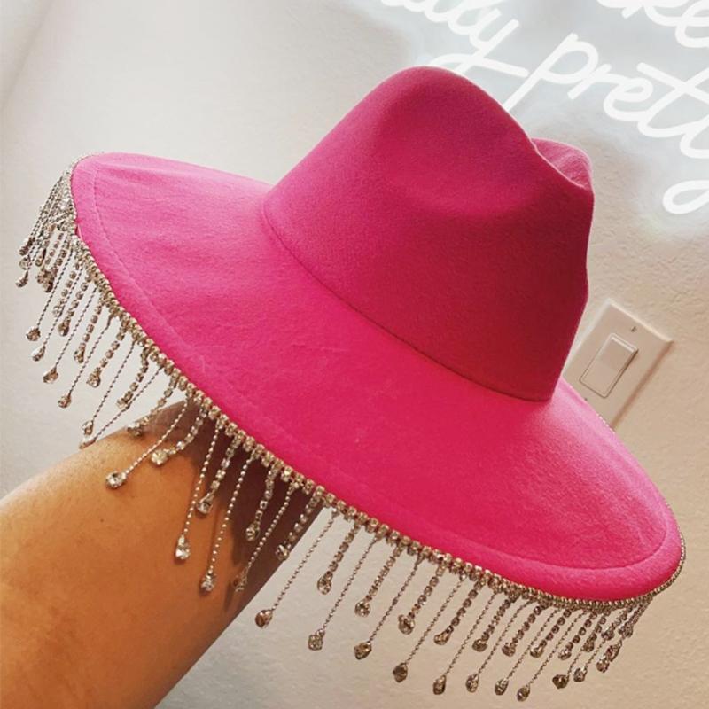 Women Rhinestone Tassel Decor Wide Brim White Fedora Hat For Party Cap Handmade Rhinestone Fringe Cowgirl Hat Wholesale