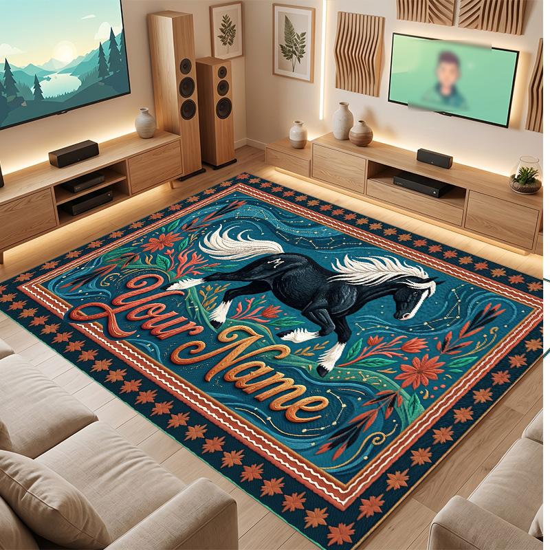 Horse Theme Soft Crystal Velvet Rug Custom Name & Text Print Non Slip Floor Rug for Bedroom Living Room