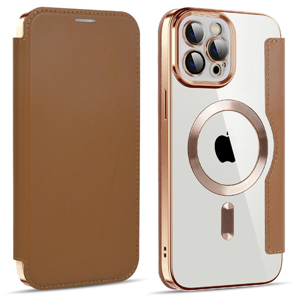 For iPhone 11 Pro Max 6.5 inch Compatible with MagSafe RFID Blocking Card Slots PU Leather+TPU Electroplating Clear Back Flip Case with Lens Film