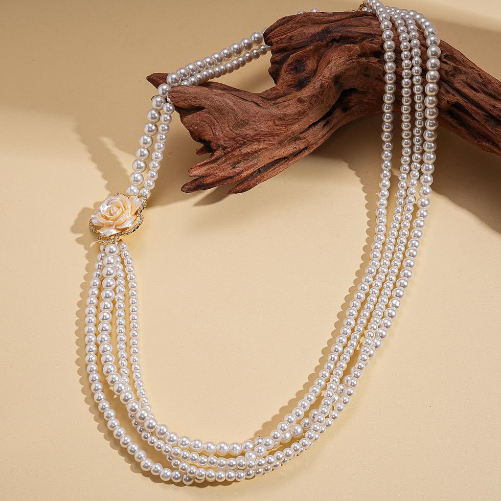 Imitation pearl beaded resin diamond flower multi-layer sweater chain elegant temperament necklace