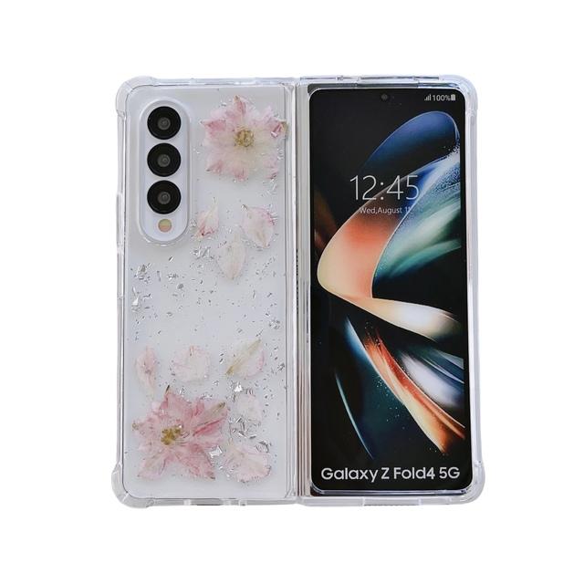 

Для Samsung Galaxy Z Fold 4 3 чехол с настоящим цветком, серебряная фольга, прозрачный четырехугольный противоударный силиконовый складной чехол, аксессуары for Galaxy Z Fold 4 розовый