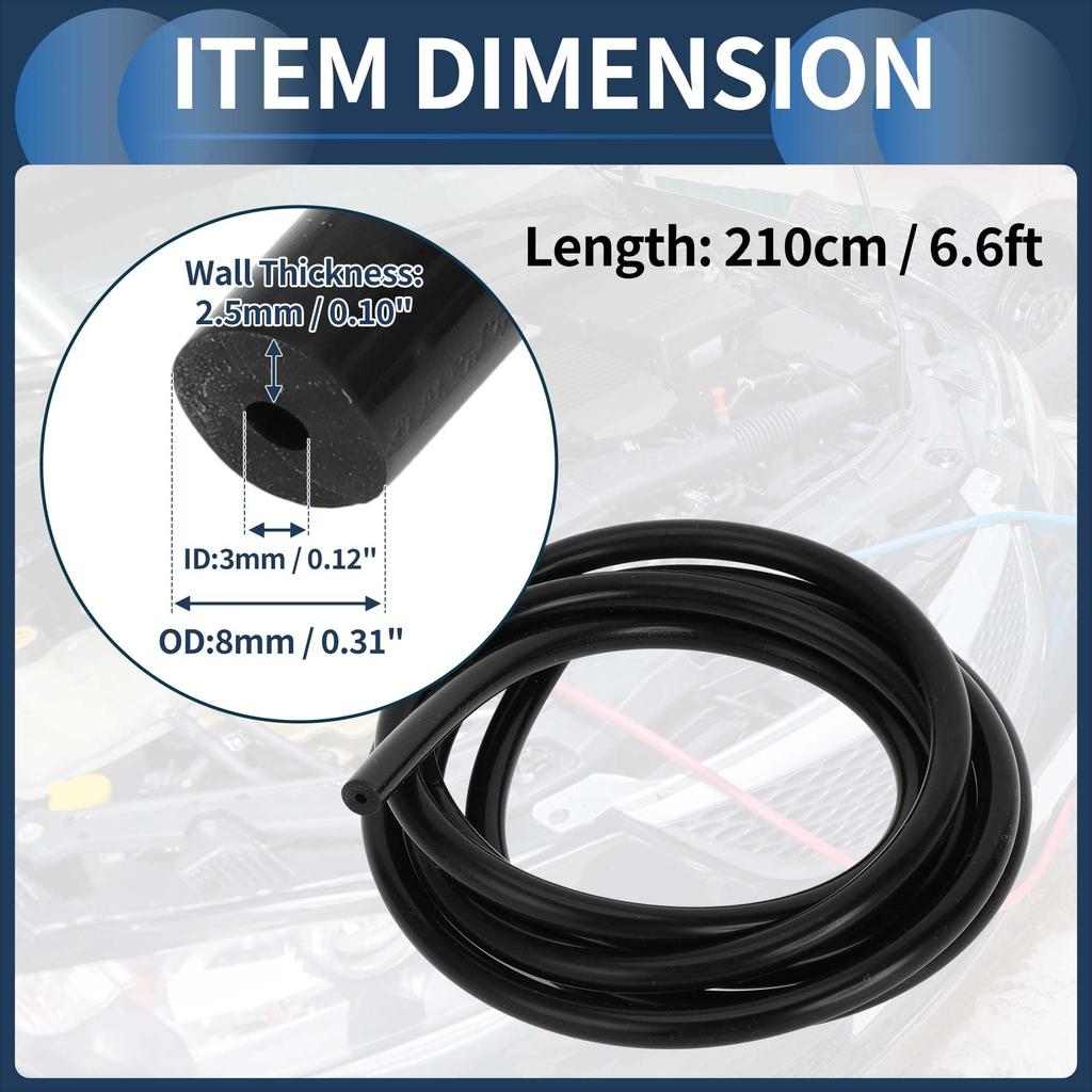 INFINAUTO 6.6FT 1/8" 3-mm ID 2.5mm Thick Car Vacuum Line Silicone Black High Temperature Engine Silicone Vacuum Tube Hose