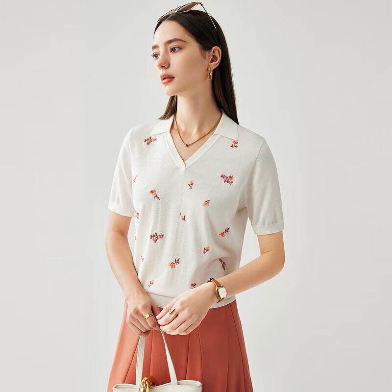 Zhaojun Women's Mulberry Silk Embroidered V-Neck Knit Top