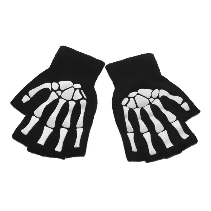 Luminous Halloween Skeleton Skull Gloves Punk Half Finger Gloves Winter Unisex Skull Fingerless Knitted Mitten Glow in The Dark