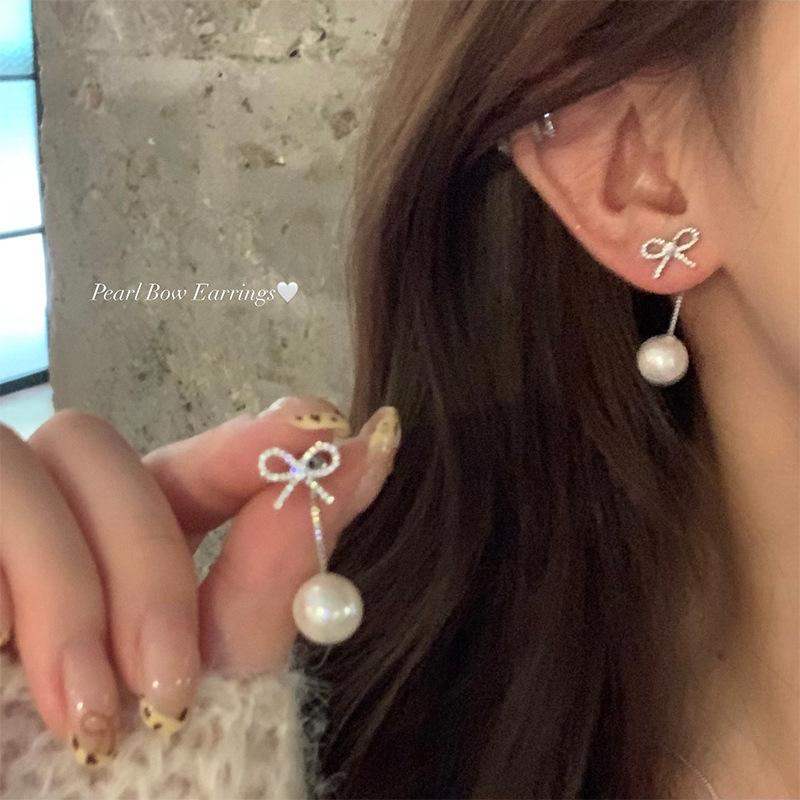 Rear Hanging Sparkling Zirconium Bow Pearl Earrings Femininity Fringed Stud Earrings Earrings