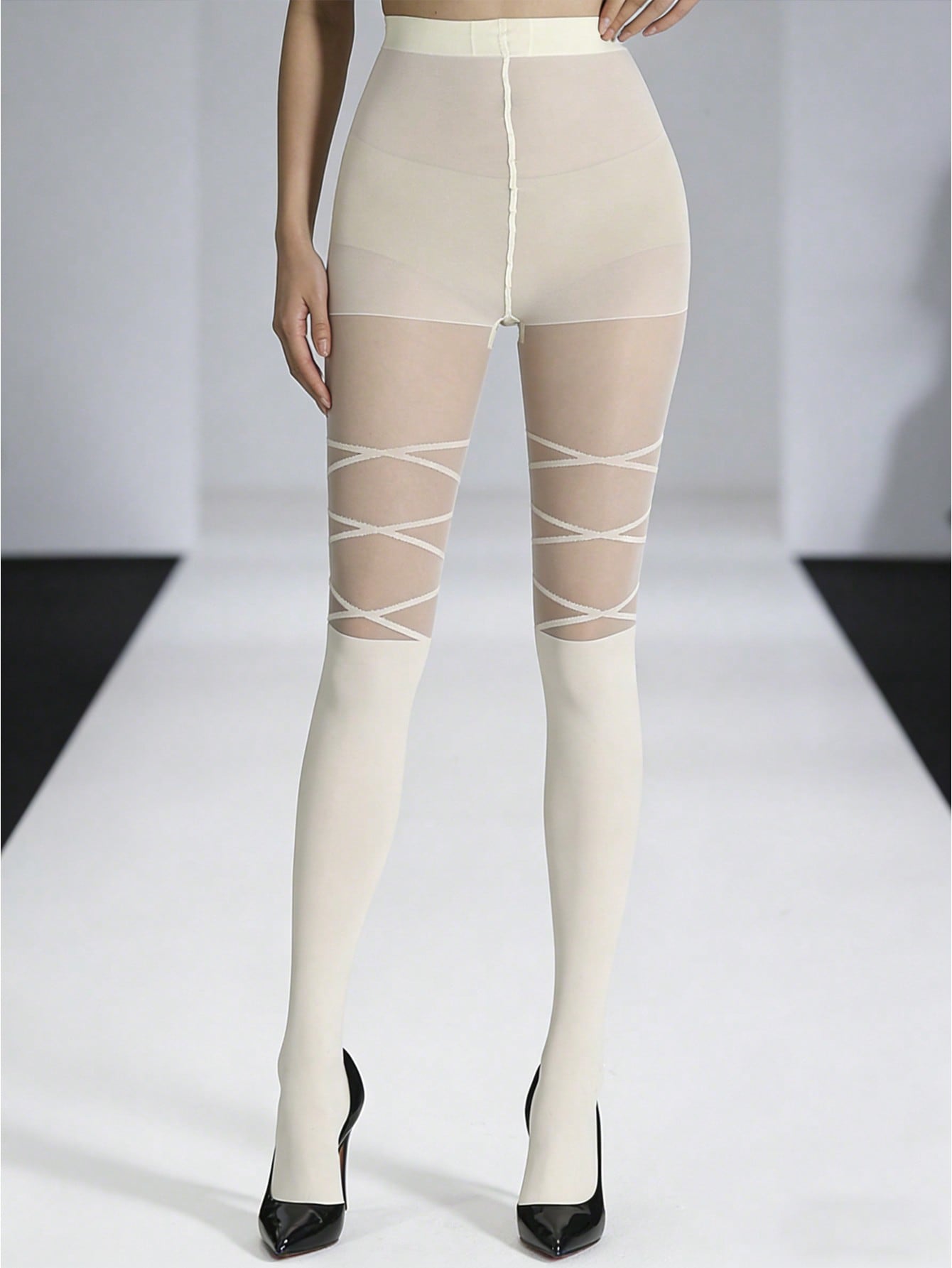 1 / 2 Paar Damen Fake Bandage Durchsichtige Strumpfhosen Schwarz & Weiß Dehnbar Pantyhose Strümpfe S white