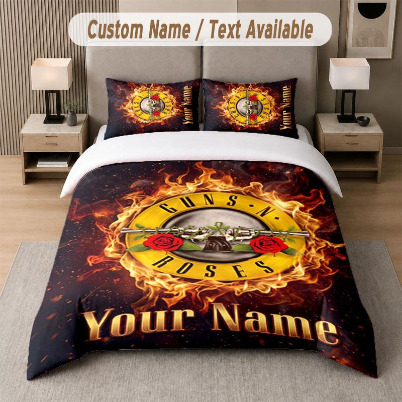 Custom Bedding Set Guns N’ Roses Pattern, Print Name Text 1 Duvet Cover plus 2 Pillowcases Home Textile