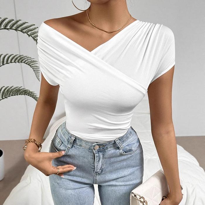 Ladies Summer Short Sleeve Skew Collar Solid Color Slim Fit Bodycon Pullover Casual T Shirt Top