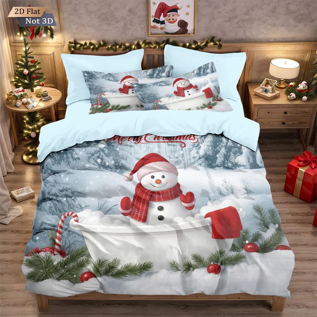 3pcs Merry Christmas Snowman Printed Coreless Duvet Cover Set Multi Size Bedroom Bedding Holiday Decoration Machine Washable