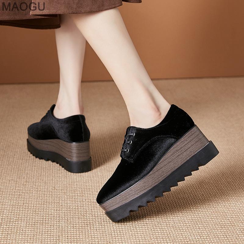 8CM Women's Black Suede Platform Wedges Shoes Ladies High Heel Pumps Fashion Design Square Toe Lace Up British Style Shoes Women