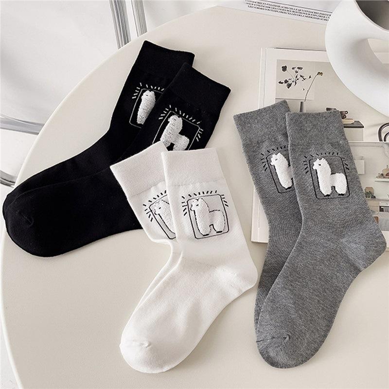 Socks women's spring and autumn tube socks cute cartoon black and white gray alpaca women's socks versatile college style stockings