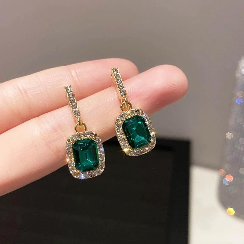 Korean Green Crystal Stone Drop Earrings for Women Trendy Rhinestone Geometric Tassel Dangle Earring Girl Party Fashion Jewelry