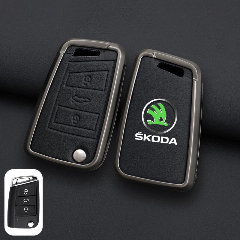XOWS7 Zinc Alloy Leather Car Remote Key Case Cover Protector Shell Fob For Skoda Superb A7 Kodiaq Octavia A7 A8 Keychain Accessories