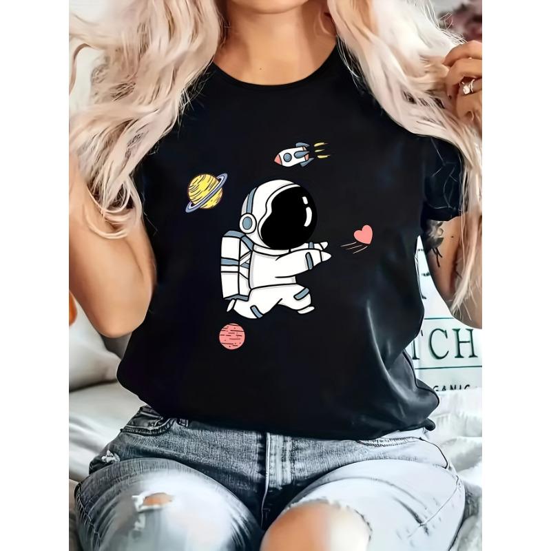 Women's Plus Size Casual Sporty T-Shirt Astronaut Print Comfort Fit Short Sleeve Fashion Breathable Casual Top Aesthetic Clothes
