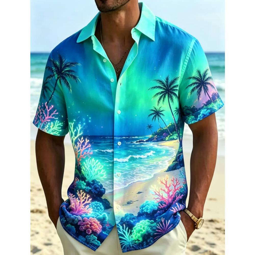 Herren Tropisches Neon-Landschafts-Print Kurzarmhemd, Natürlicher Und Ausgeprägter Stil, Für Sommerpartys Und Tägliche Styles
