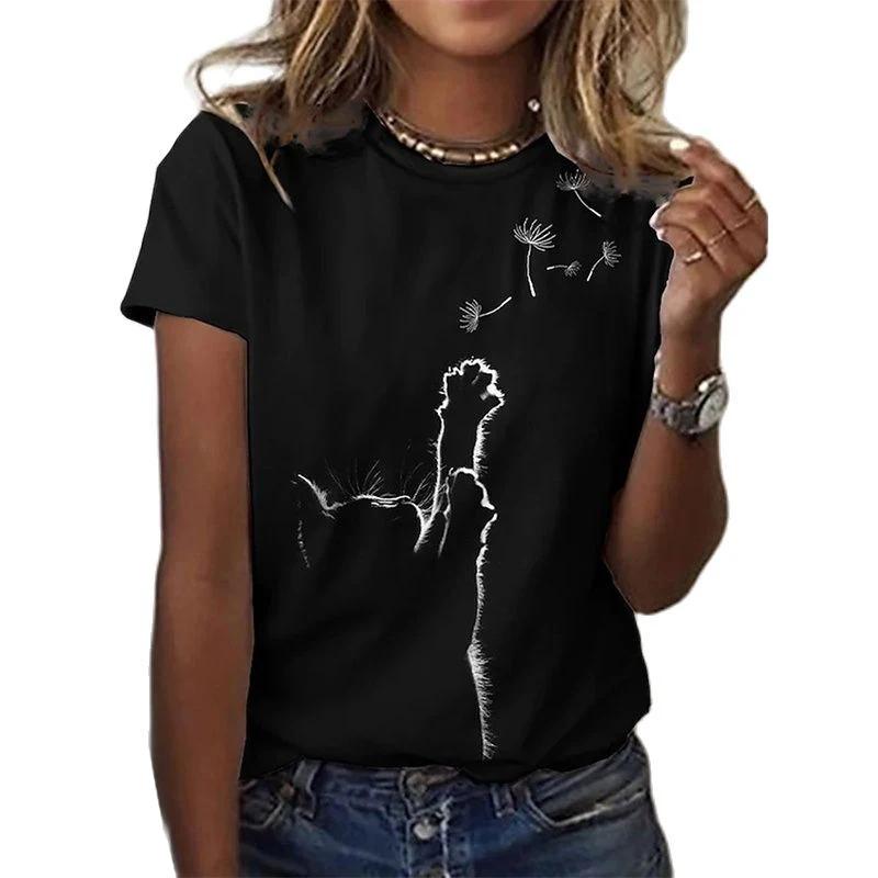 Women's T-shirt Fashion Short-sleeved Top 3d Cat Print Black Kawaii Summer Top