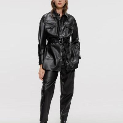 Spring Women Long Sleeve Lapel Leather Jacket Female Black Outerwear PU Autumn Coat Long Oversized