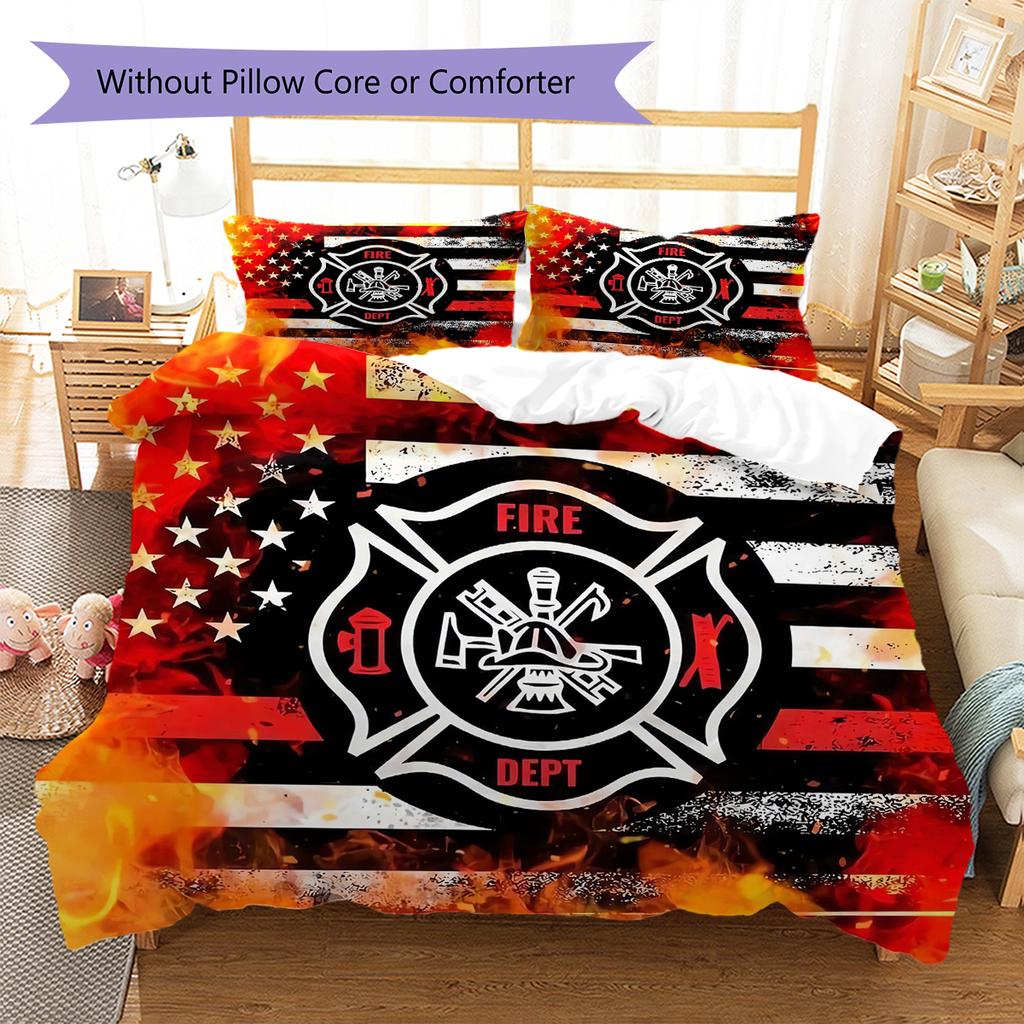 Firefighter Pattern Bedding Quilt Set Quilt Cover Pillowcase Home Decoration Gift (1 * duvet cover + 2 * pillowcase, without core)