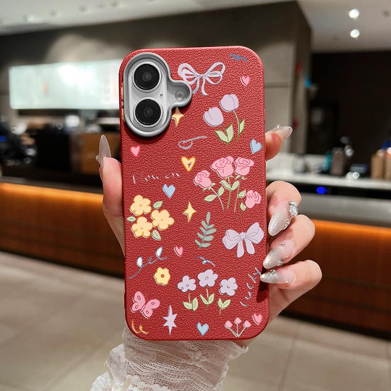 Cartoon Floral Pattern Shockproof Phone Case For iPhone 16 Pro Max 15 Pro 14 Plus 13 12 11 Soft TPU Leather Texture Slim Matte Back Cover