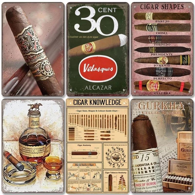 Metal Tin Poster Cigar Plaque Retro Metal Plate Gentleman Smoke Cigar Whisky Vintage Metal Tin Sign Bar Club Man Cave Wall Decor