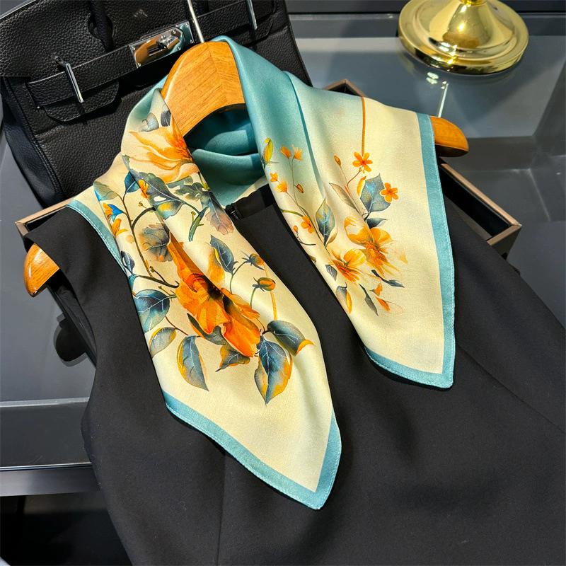 53cm Square Scarf 100% Pure Real Silk Scarves for Women Foulard Fashion 2025 Floral Brand Print Shawls Hijab Bandana Headband