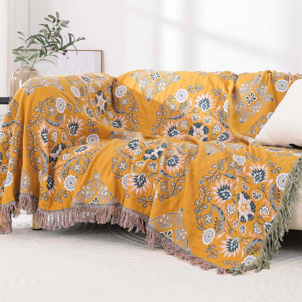 Bohemian Floral Tassel Throw Blanket Double Sided Sofa Couch Cover Summer Cool Lightweight Soft Plush Comfortable Home Decor