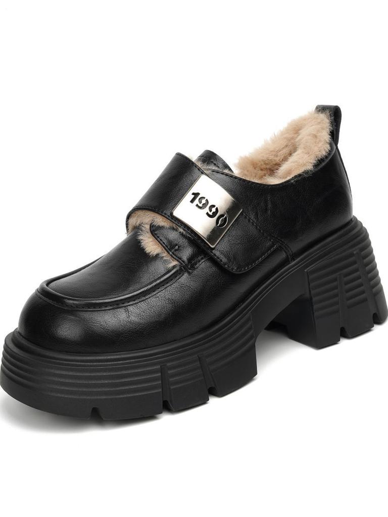 Mary Jane platform loafers women's 2025 autumn and winter new small leather shoes British style heightening warm wool cotton shoes