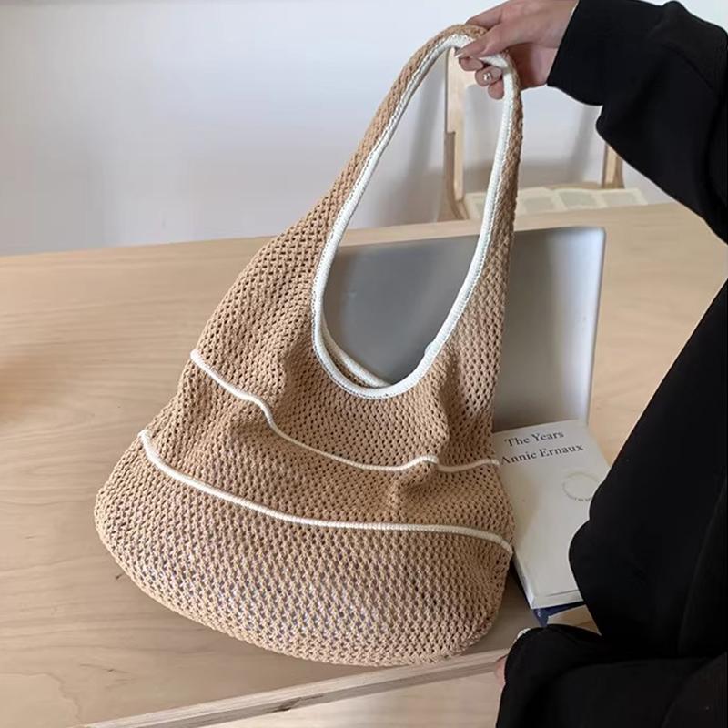 Trendy Bohemian Knitted Shoulder Bag Hollowed Out Sweet Crochet Tote Bag Large Capacity Spacious Sundries Storage Bag Vacati