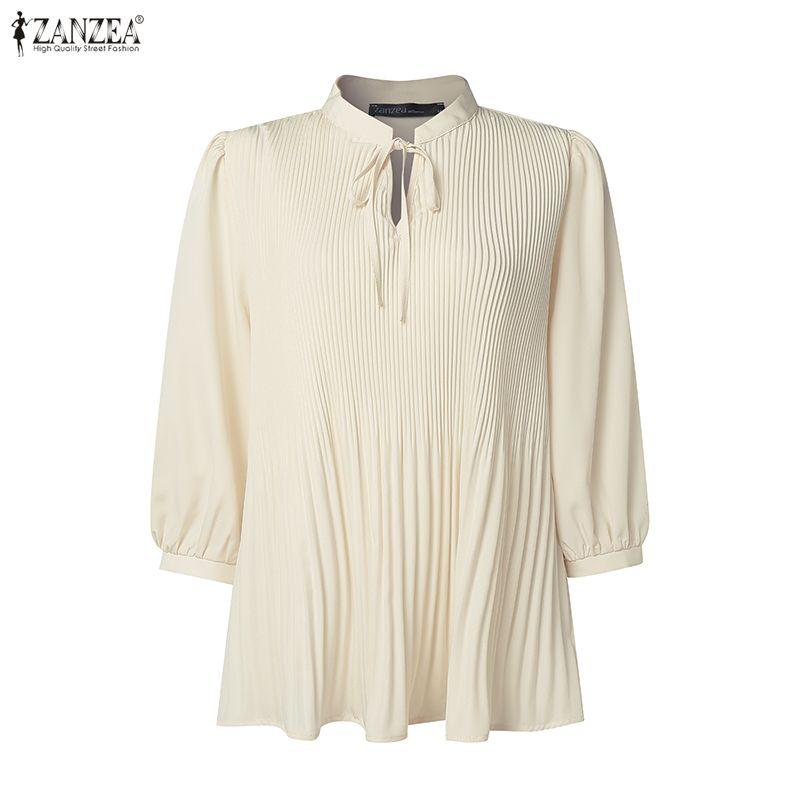 ZANZEA Women Casual Stand Collar 3/4 Sleeve Loose Blouse