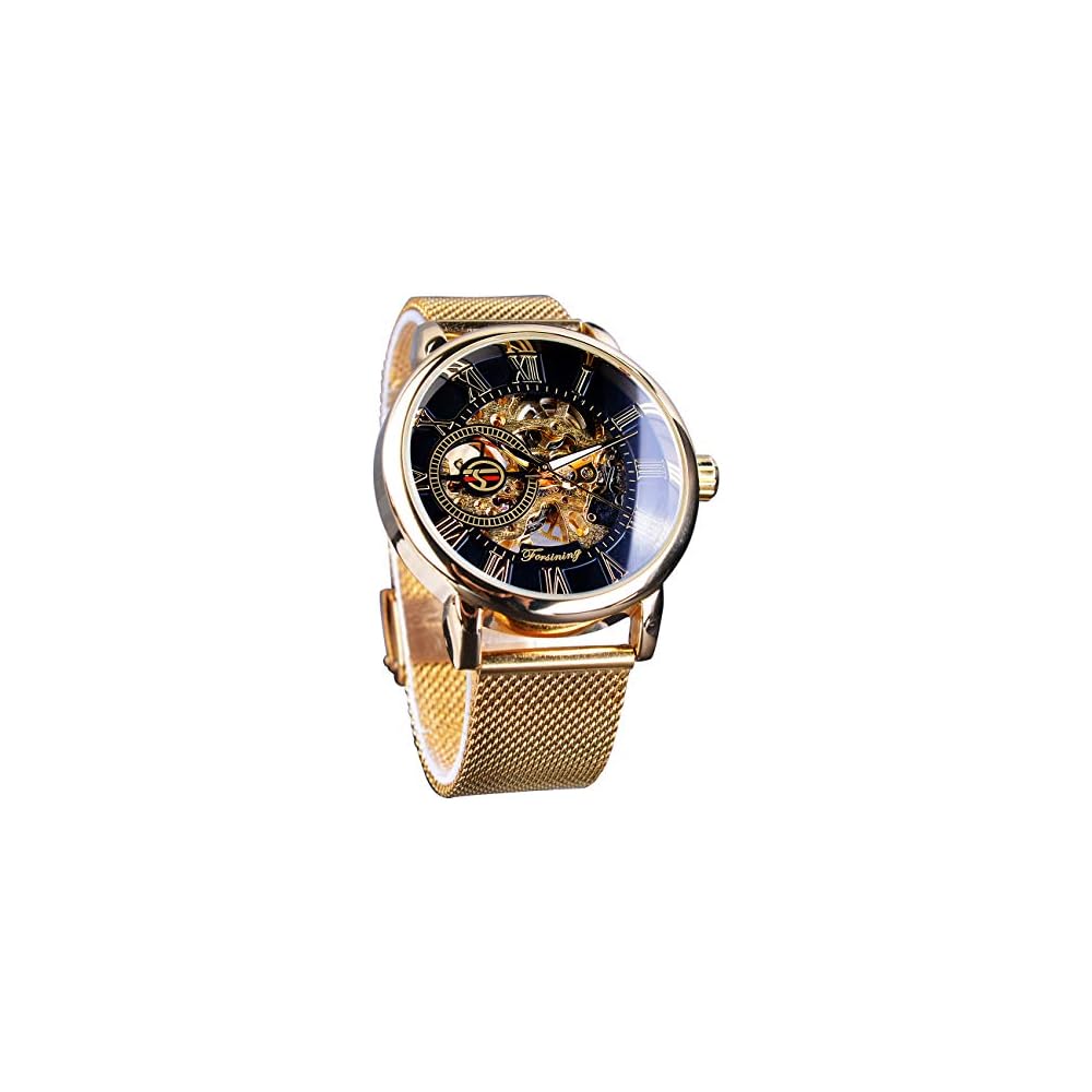 Men s Steampunk Skeleton Watch Black Mechanical Minimalist Retro Design with Gold Mesh Band
