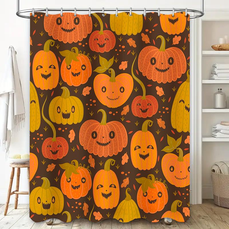 Halloween Pumpkin Shower Curtain, Fall Decorative Bath Mat, Orange and Brown Patterned Fabric Waterproof Bathroom Liner Set for