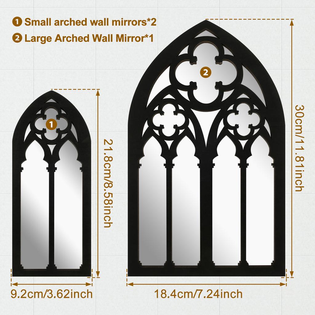 3Pcs Gothic Mirrors Wall Decor Arched Decorative Mirror Wall Mounted Goth Room Decor Vintage Cathedral Window Mirror Indoor