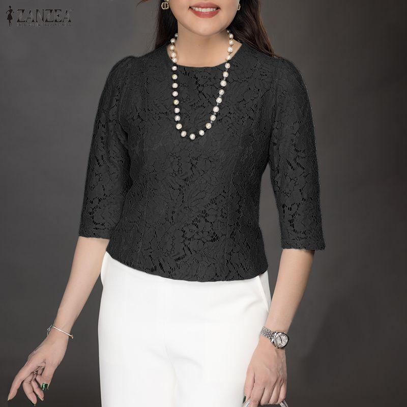 ZANZEA Kadın Günlük Yuvarlak Yaka 3/4 Kol Dantel Patchwork Bluz