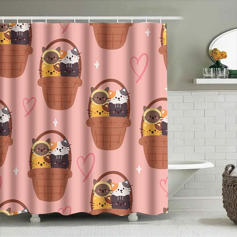 Cute Cat Puppy Pattern Shower Curtain For Bathroom Decor Pink Animal Design Waterproof Fabric
