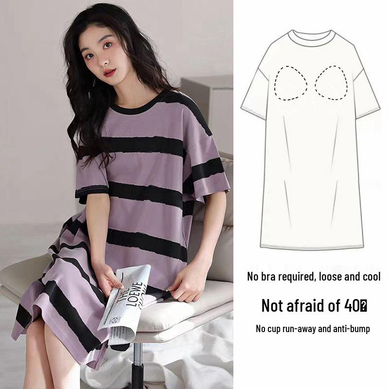 Women's Short Sleeve Loose Nightdress with Chest Pad - 2024 Summer Edition, Wearable Outdoors