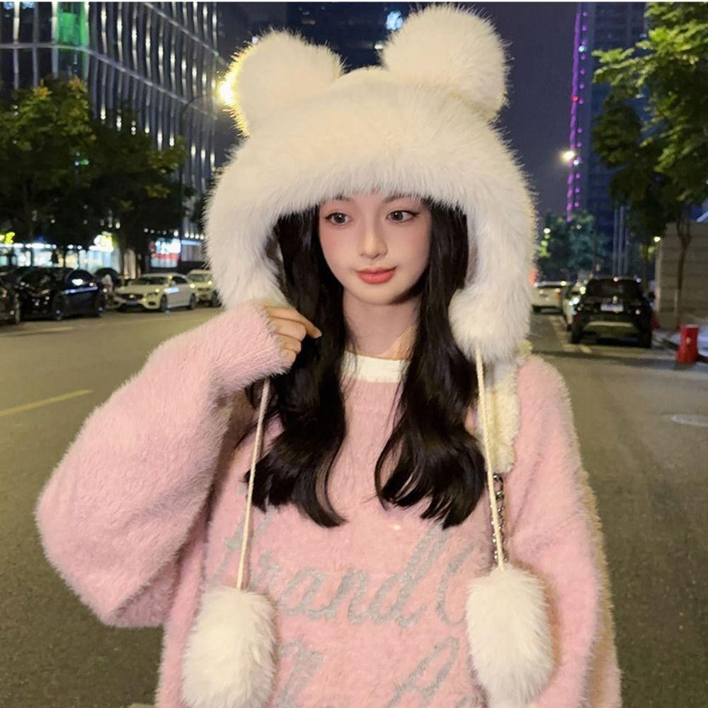 Warm Ear Protection Hat Cute Bucket Hat Thickened Plush Bear Hat  Women