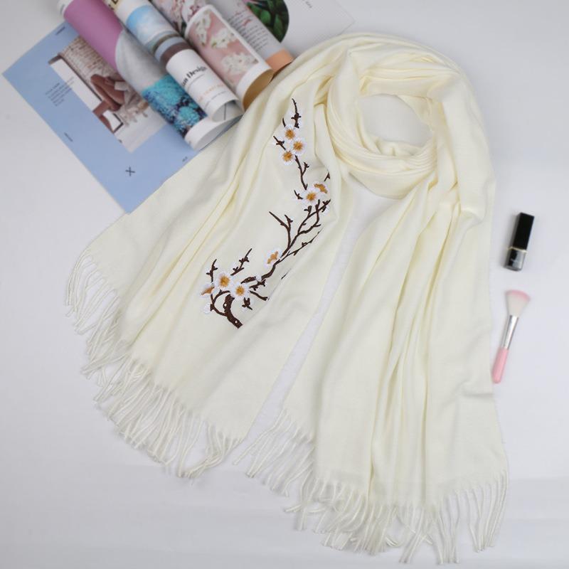 Autumn and winter new plum blossom wool scarf women's versatile tassel fashion flower warm solid color shawl women