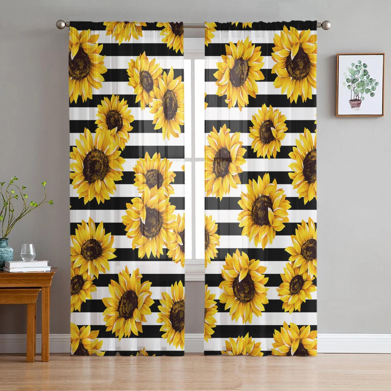 

Черно-белые цветы Прозрачные шторы для спальни, гостиной, украшения оконных занавесок для кухни, тюль, вуаль, органза, шторы W135 x H115cm x1&Grommet Top