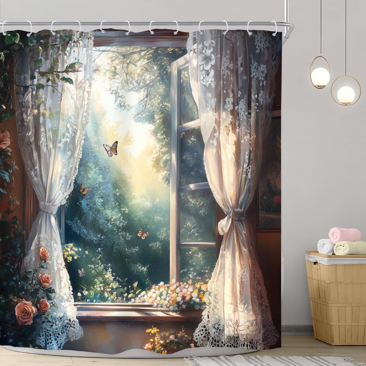 

Floral Butterfly Shower Curtain Spring Pink Blue Vintage Flowers Purple Lavender Weeping Wisteria Blossom Envelope Bathroom W60H190(CM)-1 Pcs
