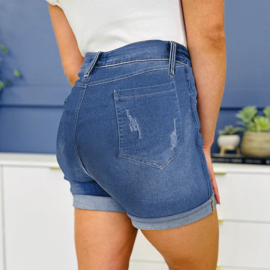 High Waist Elastic Waist Mid Length Shorts-Casual High Waisted Denim Shorts,Stretch Jean Shorts With Adorable Double Pockets