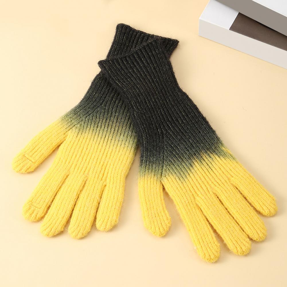 1 Pair Women Fall Winter Gloves Gradient Contrast Color Knitted Five Fingers Stretchy Anti slip Thermal Windproof O