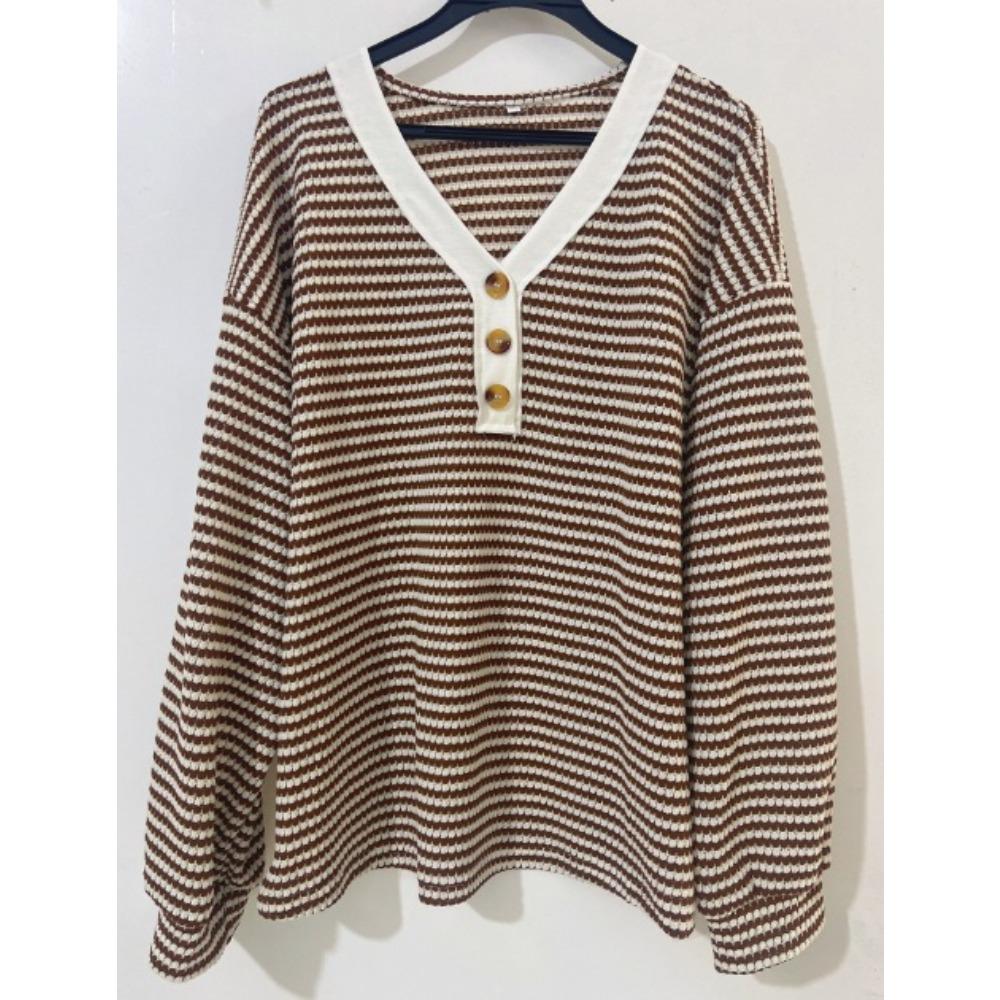 Women's V Neck Long Sleeve Loose Fit Casual Striped Knit Top Blouse for Daily Wear