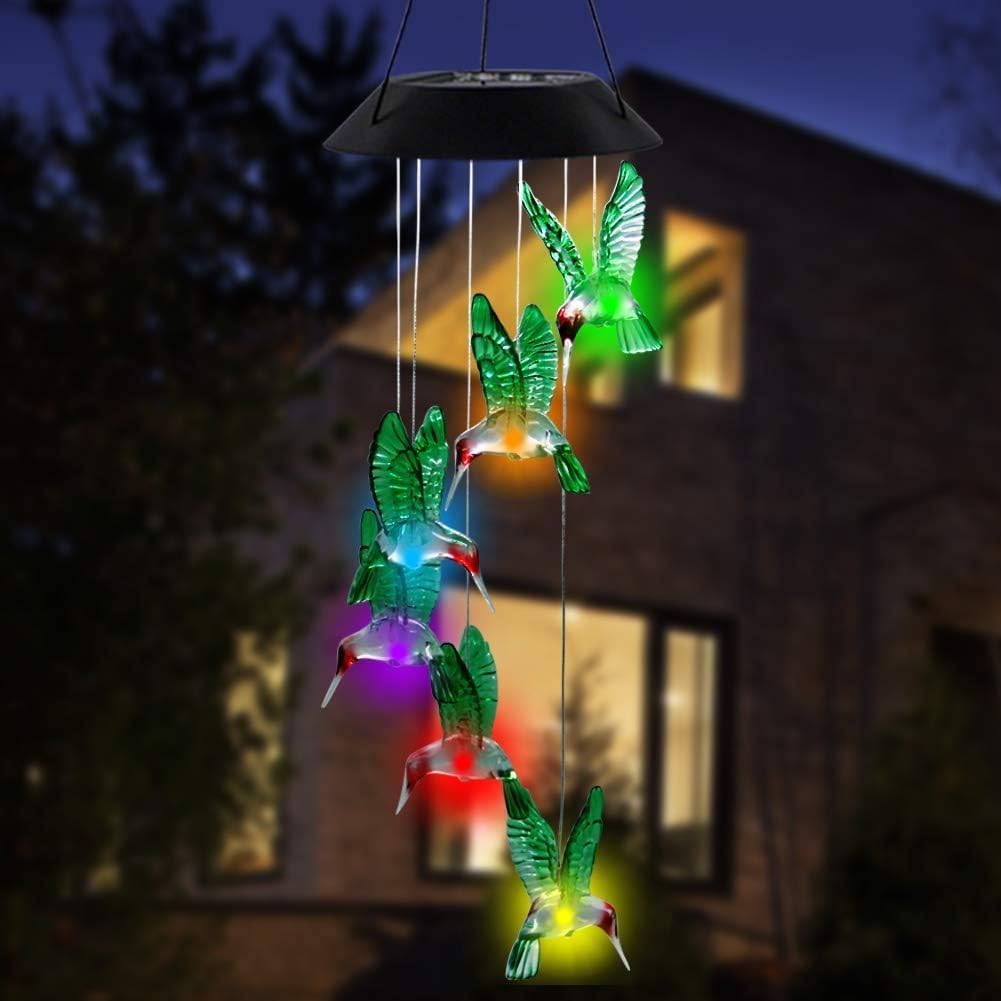 1PC Colorful Gradient Garden LED Wind Chimes Decorated Solar Hummingbird Landscape Garden Lights Decorated Atmosphere
