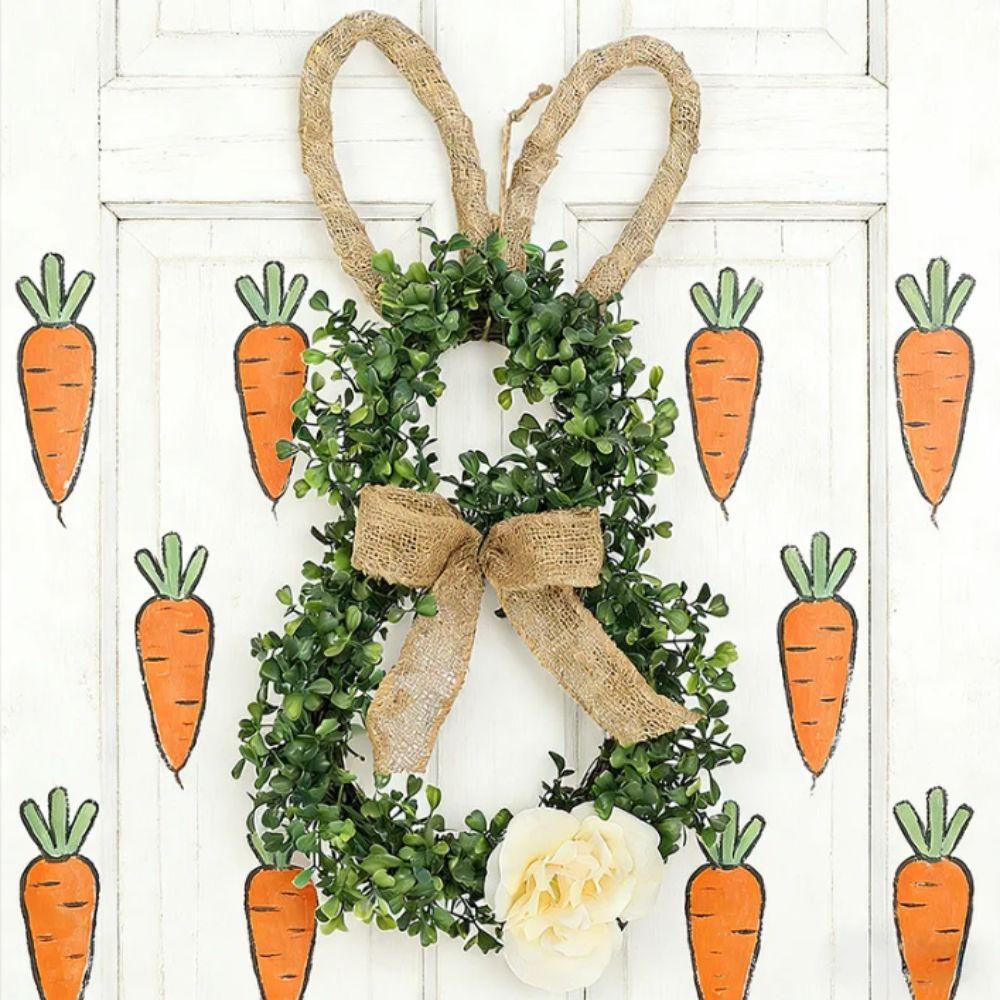 19.6 Inch Easter Wreaths With Flower Green Plant Easter Bunny Decor Linen Bow Simulation Design Artificial Wreath