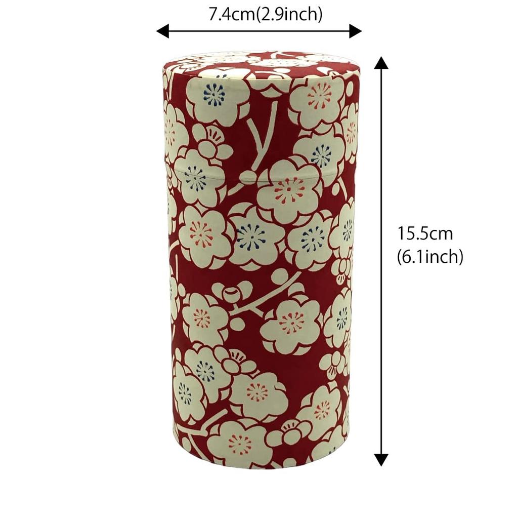 Noguchi Kumataro Tea Garden Tea Caddy, Large Capacity 200g, with Washi Paper and Inner Lid, Plum Romantic Design, Dark Red, Made in Japan, Stylish