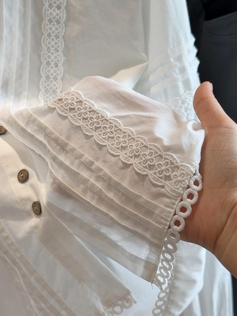 Women's Retro White Lace Trim Blouse - Long Sleeve, Loose Fit for Spring & Autumn 2026
