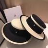 Women's Sun Hat Black White Color Flat Top Straw Hat M British Fashion French Elegant Hat